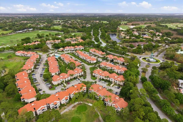 an aerial view of city and lake