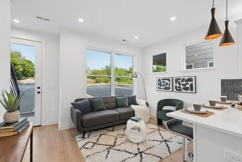 a living room with furniture and a potted plant
