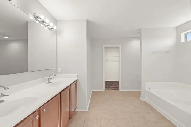 a bathroom with a tub sink and mirror
