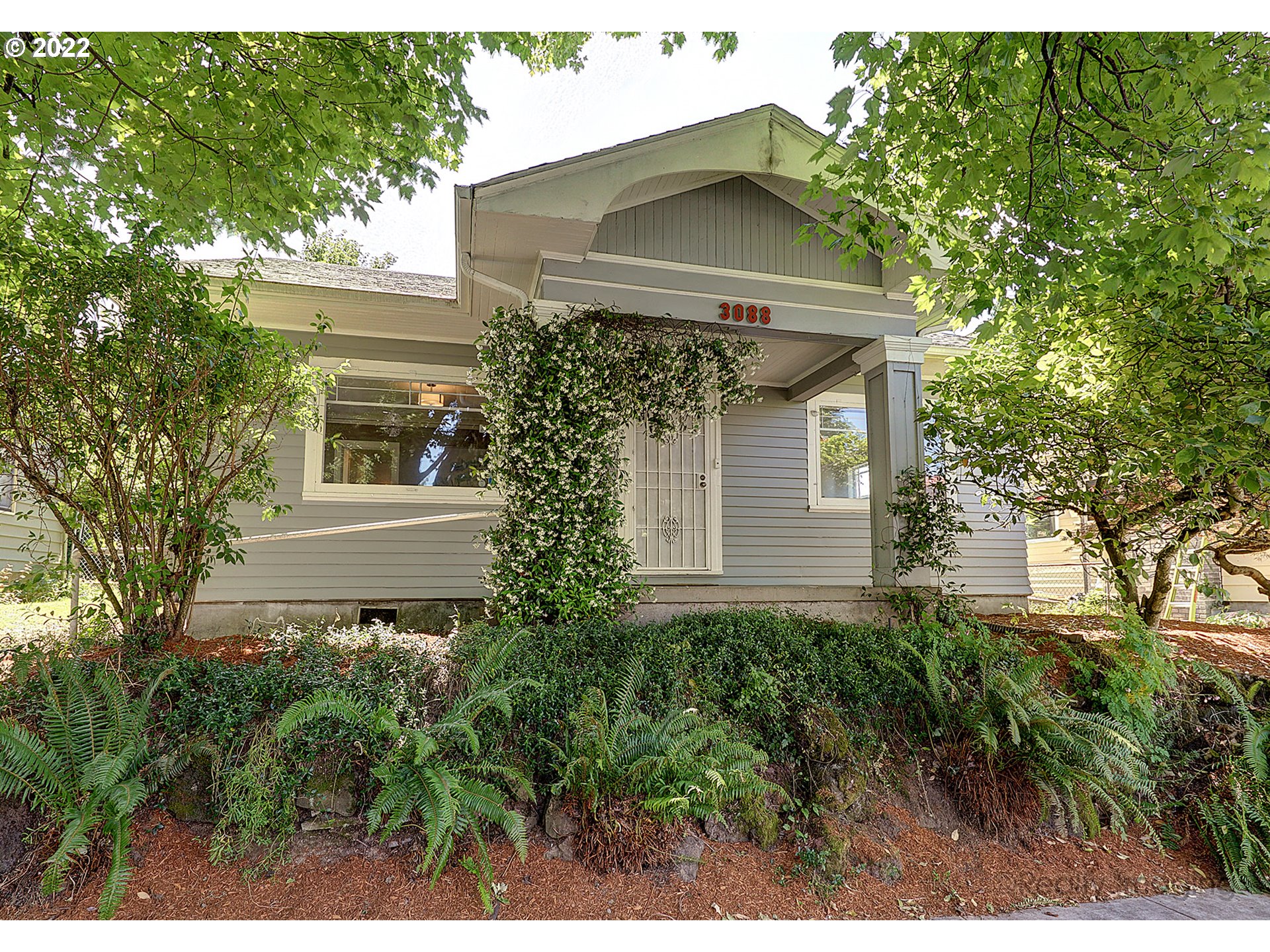 a front view of a house with plants