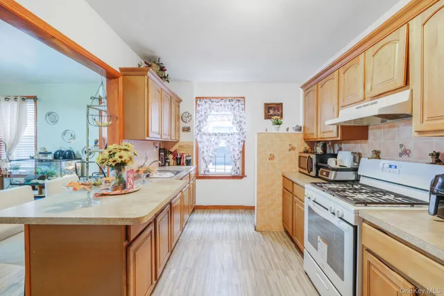 a kitchen with a sink stove and refrigerator