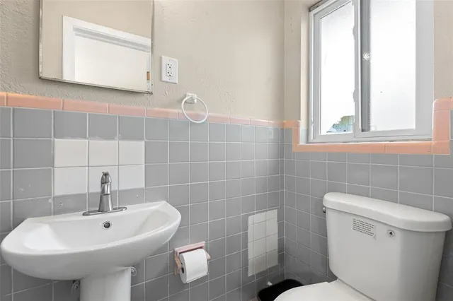 a bathroom with a sink a toilet and mirror