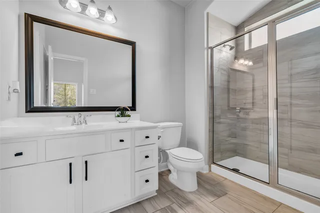 a bathroom with a toilet a sink a glass door a shower and a mirror