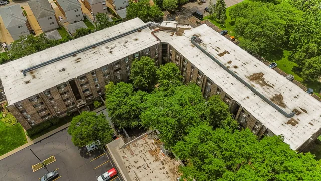 an aerial view of a backyard