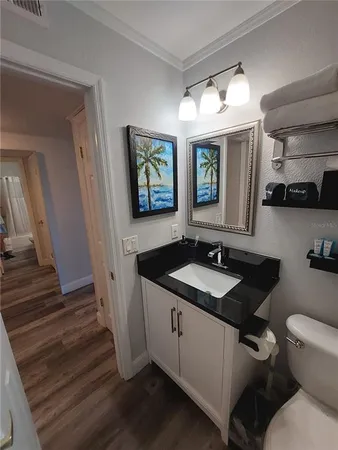 a bathroom with a granite countertop sink toilet and a mirror