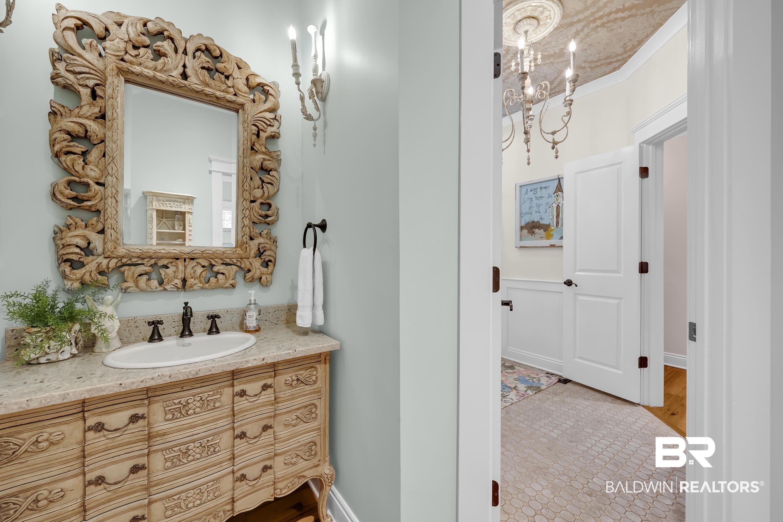12161 Jessamine Street Magnolia Springs, AL 36555 - Photo 38 of 70 Bathroom with vanity and ornamental molding