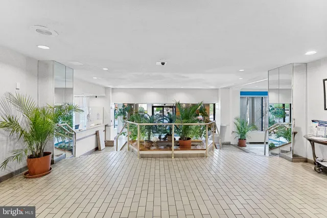 a living room with furniture potted plant and kitchen view