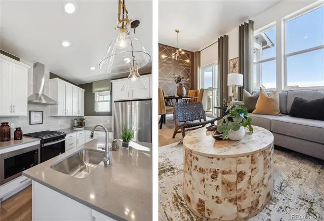 a kitchen with stainless steel appliances granite countertop a sink a stove and a dining table with wooden floor