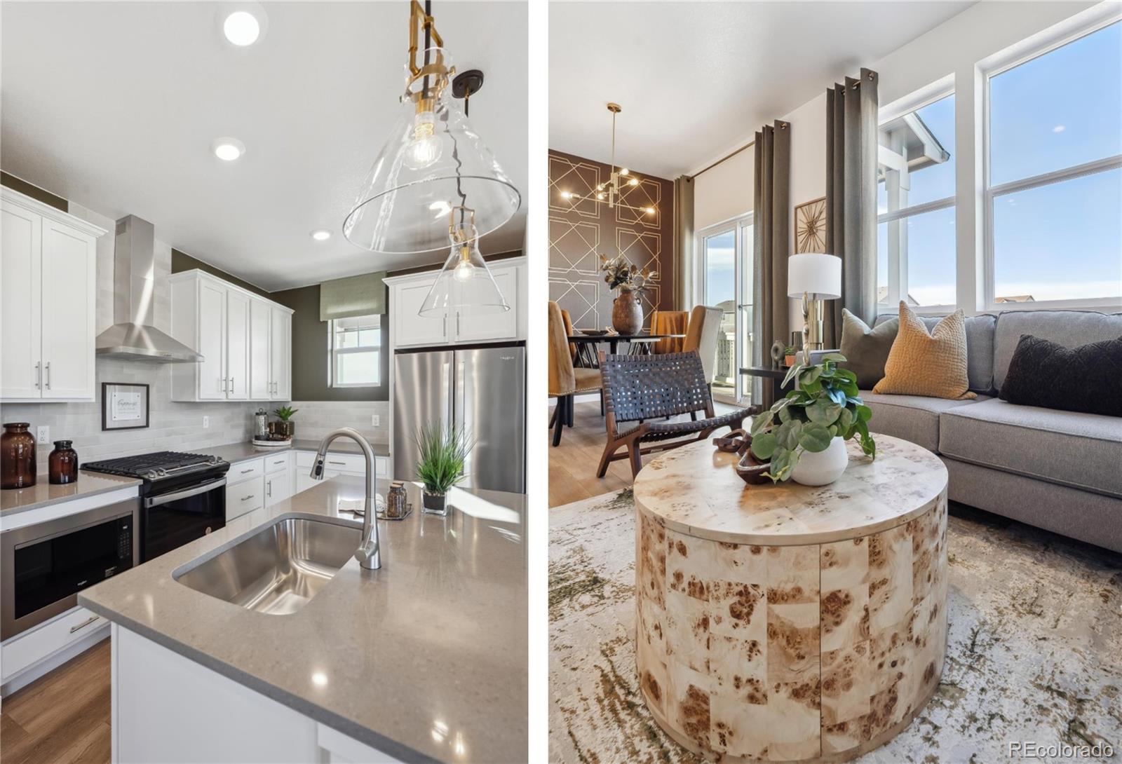 922 Logan Peak Way Berthoud, CO 80513 - Photo 2 of 9 a kitchen with stainless steel appliances granite countertop a sink a stove and a dining table with wooden floor