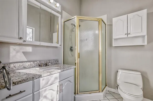 a bathroom with a granite countertop sink a toilet and a mirror