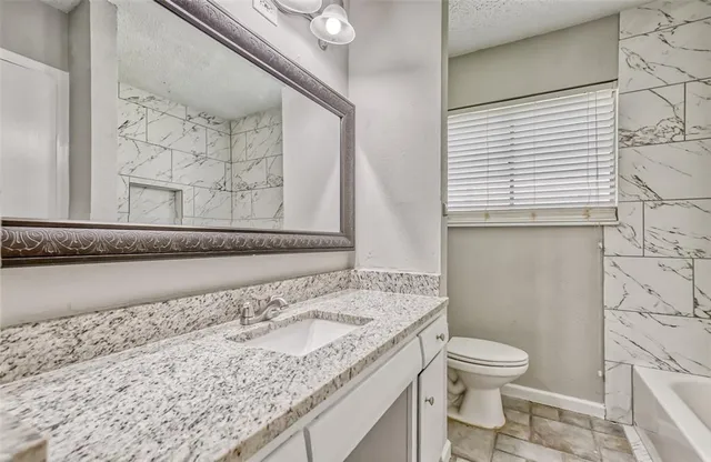 a bathroom with a granite countertop sink a toilet and a mirror
