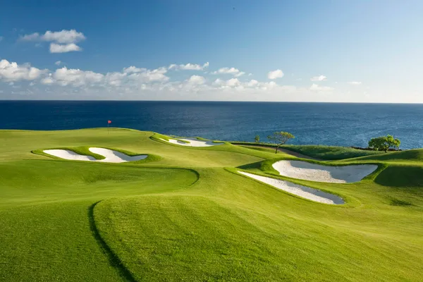 a view of a swimming pool with an ocean view