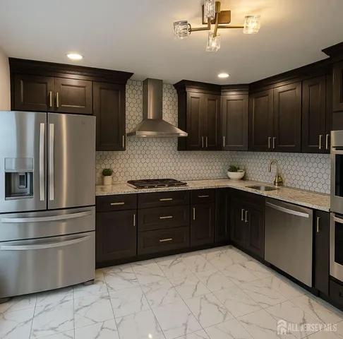 a kitchen with a refrigerator and a sink