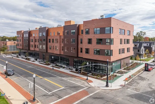 a front view of a multi story building