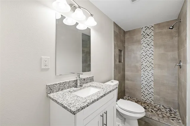 a bathroom with a granite countertop sink a toilet and a mirror