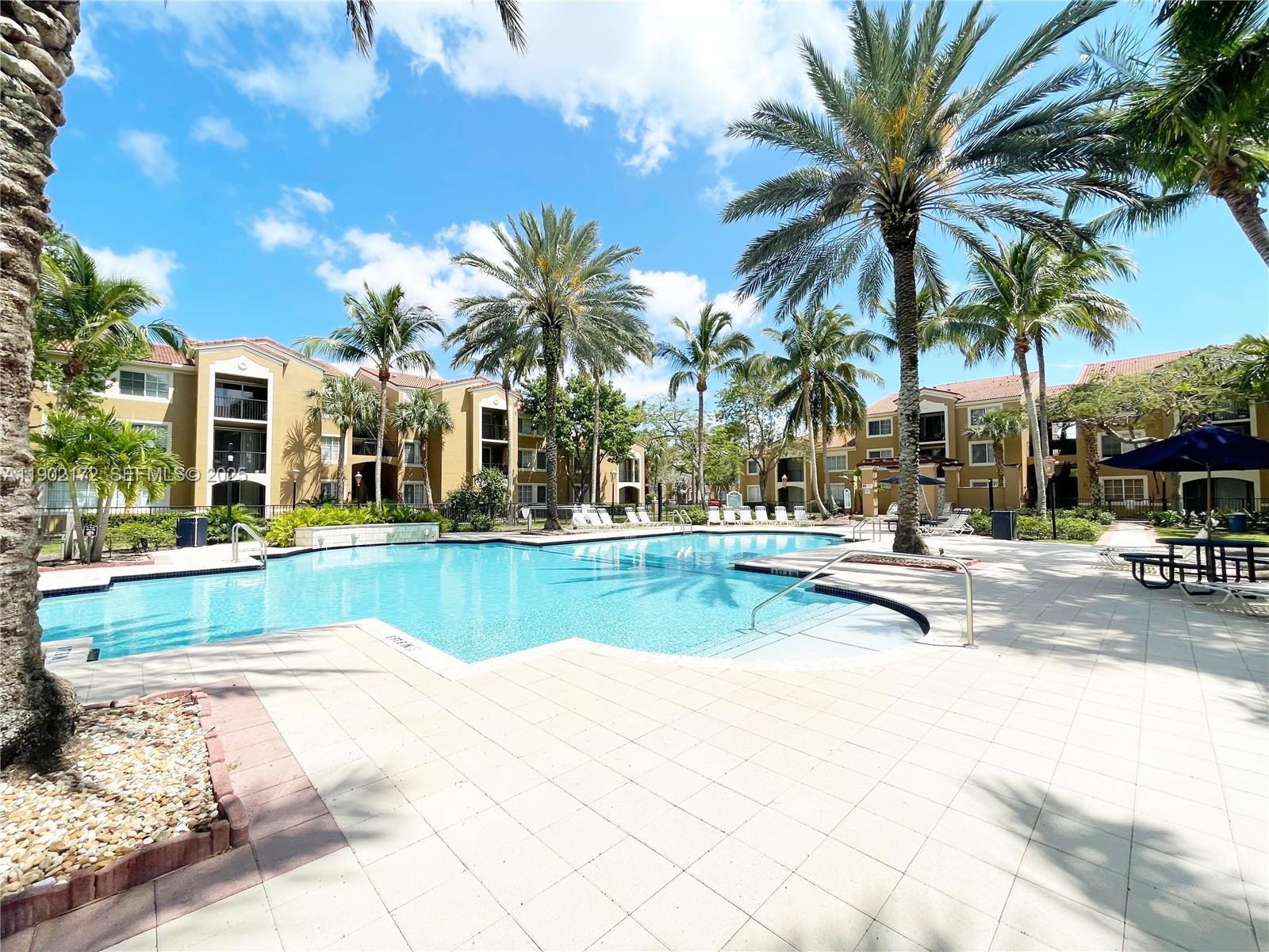 a view of swimming pool with palm trees