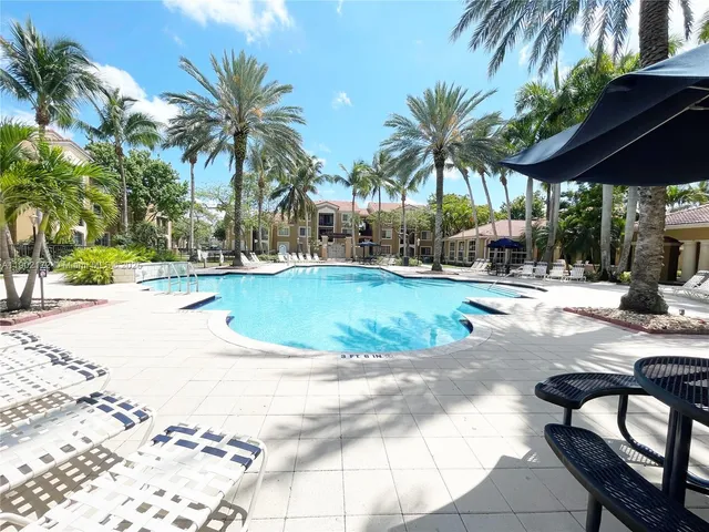 a view of a backyard patio and swimming pool