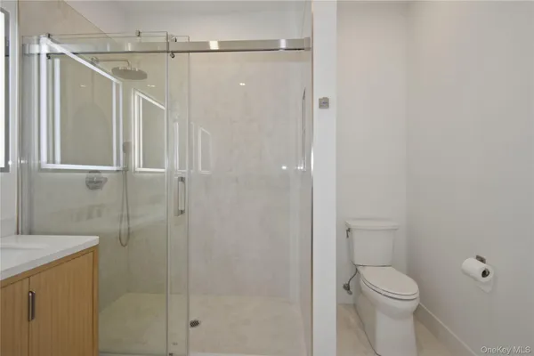 a bathroom with a shower and a toilet