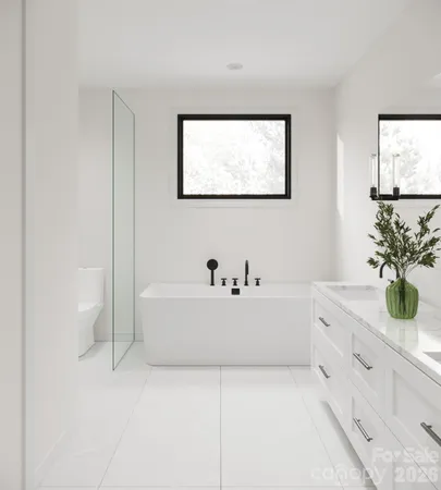 a bathroom with a bathtub sink and mirror