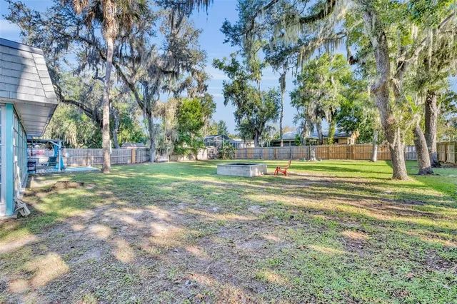 a view of a park with large trees