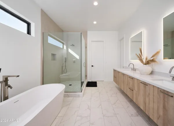 a bathroom with a double vanity sink mirror double shower and bathtub