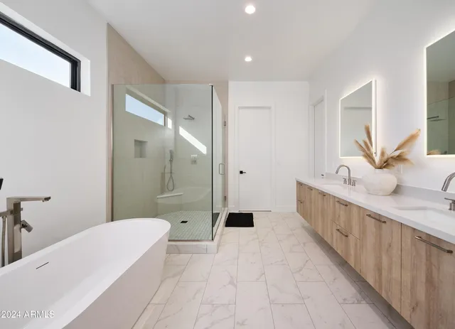 a bathroom with a double vanity sink mirror double shower and bathtub
