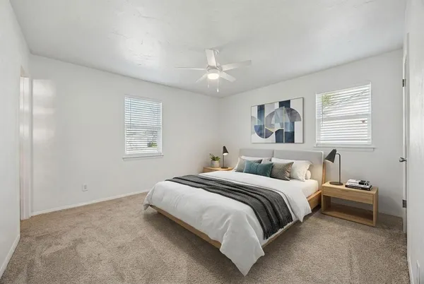 a bedroom with a large bed and a window