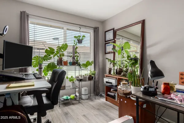 a view of a workspace with furniture and a potted plant