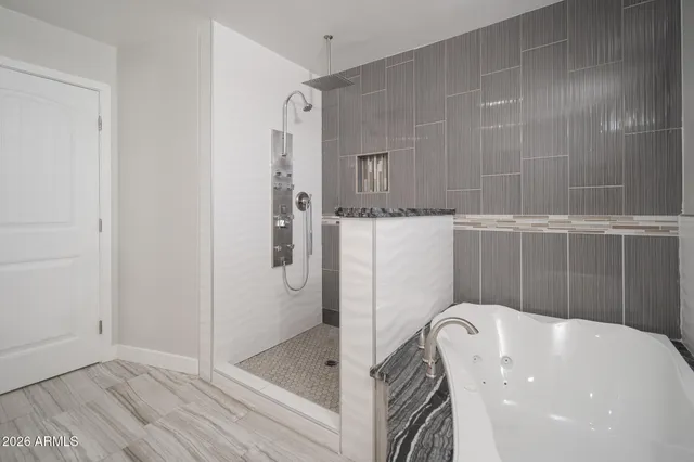 a bathroom with a bathtub and shower