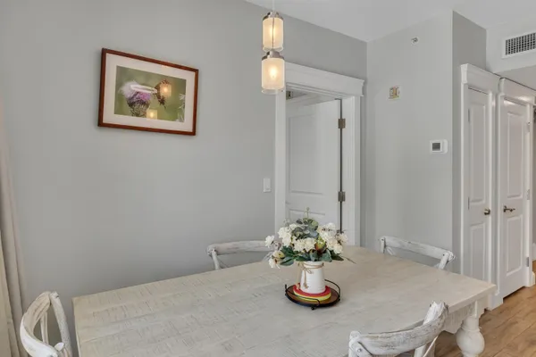 a view of a dining room with furniture