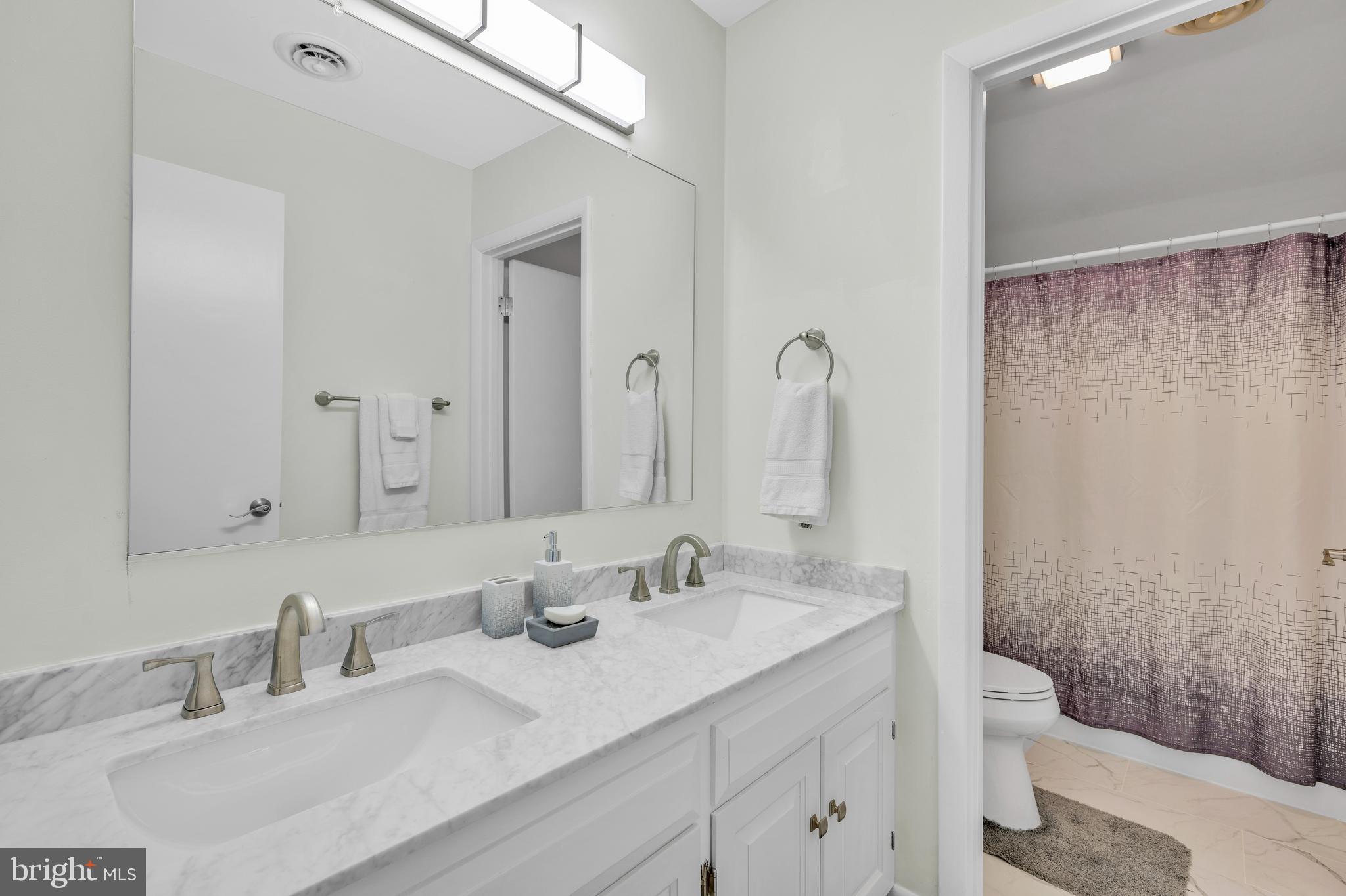 292 Pond Road Millsboro, DE 19966 - Photo 38 of 66 a bathroom with double vanity sinks a toilet a mirror and shower
