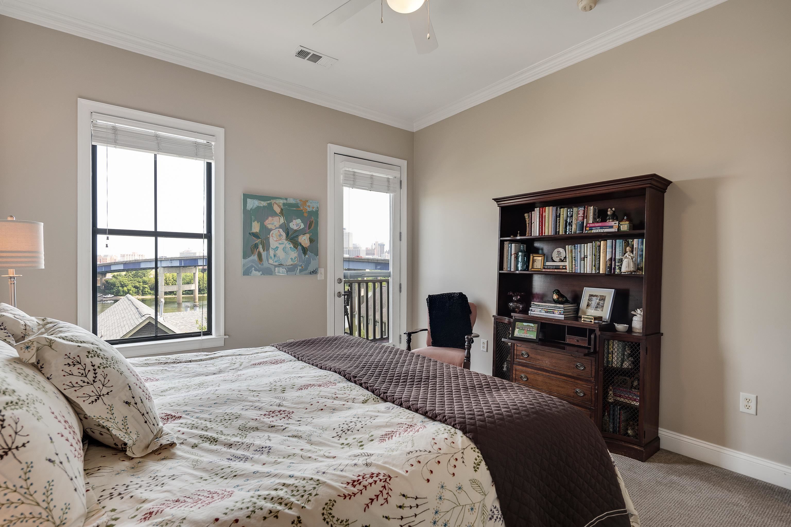 680 Harbor Bend Road, Unit 308 Memphis, TN 38103 - Photo 20 of 31 Carpeted bedroom featuring ornamental molding, ceiling fan, and access to outside