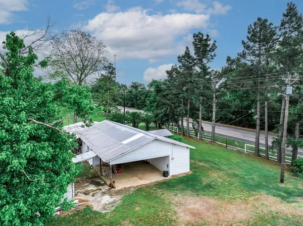 a view of a park with large trees