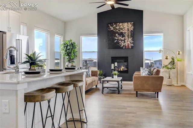 a living room with furniture a fireplace and potted plants