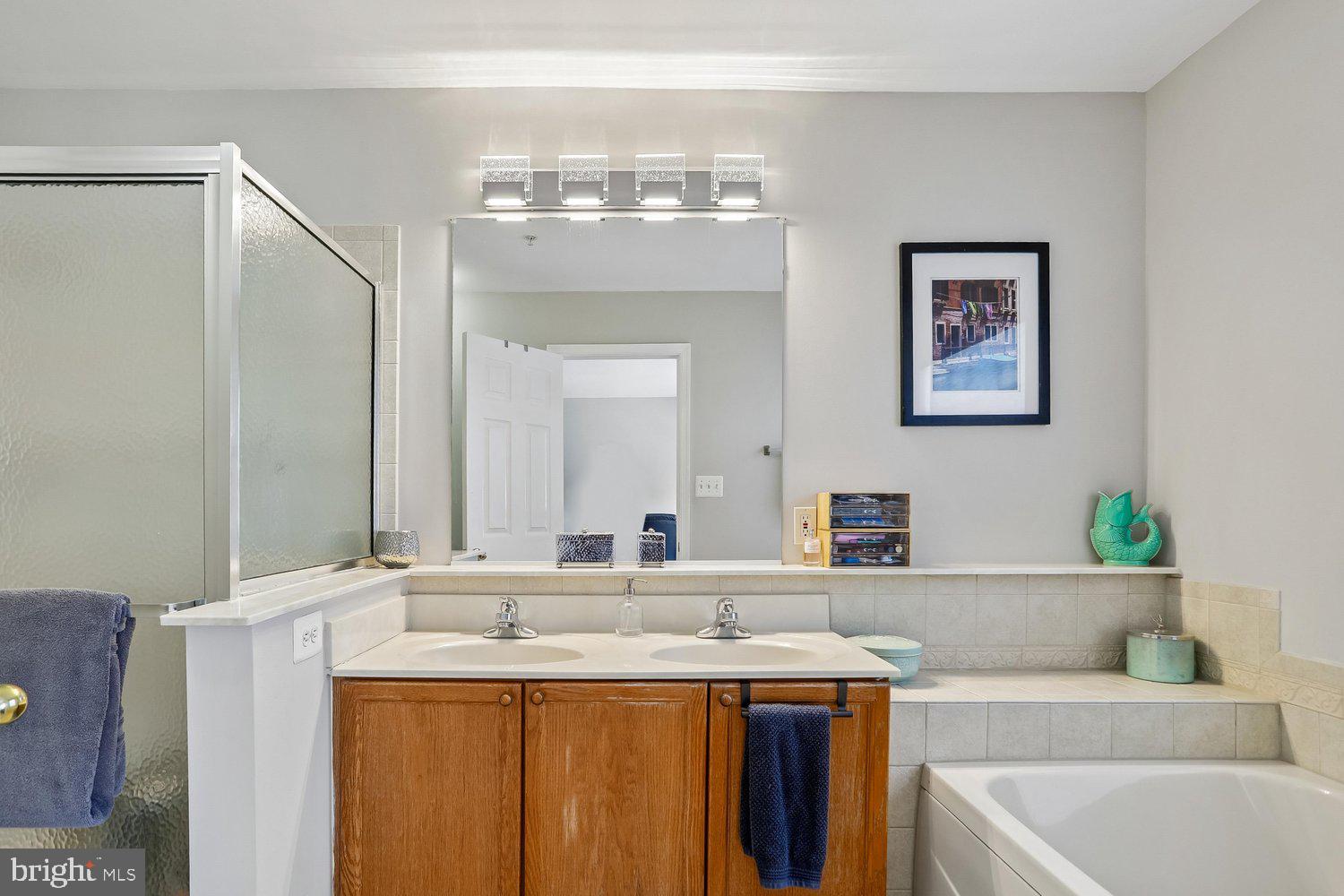 2530 Carrington Way Frederick, MD 21702 - Photo 19 of 38 a bathroom with a granite countertop sink a large mirror and a bathtub