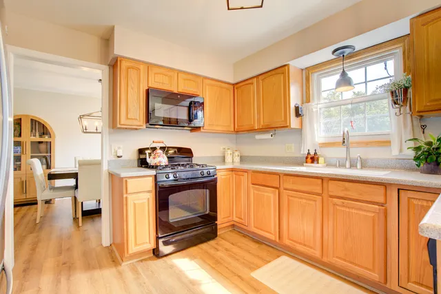 a kitchen with stainless steel appliances granite countertop a stove a sink and a microwave