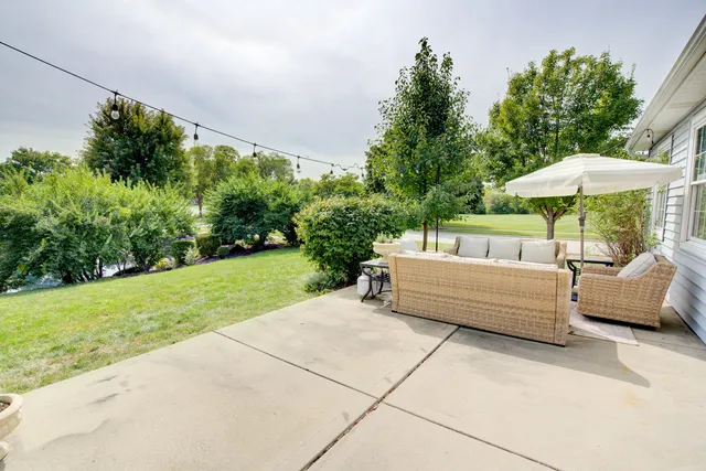 a view of a patio with couches and a table and chairs under an umbrella with large trees