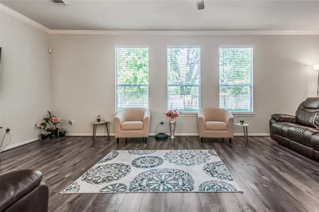 a living room with furniture and a rug