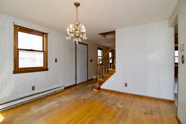 a view of a livingroom with a chandelier
