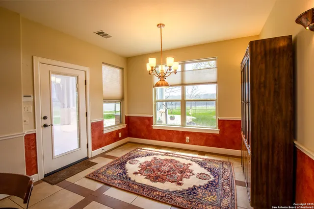 a living room with large window