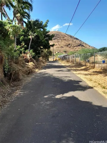 a view of road with large trees