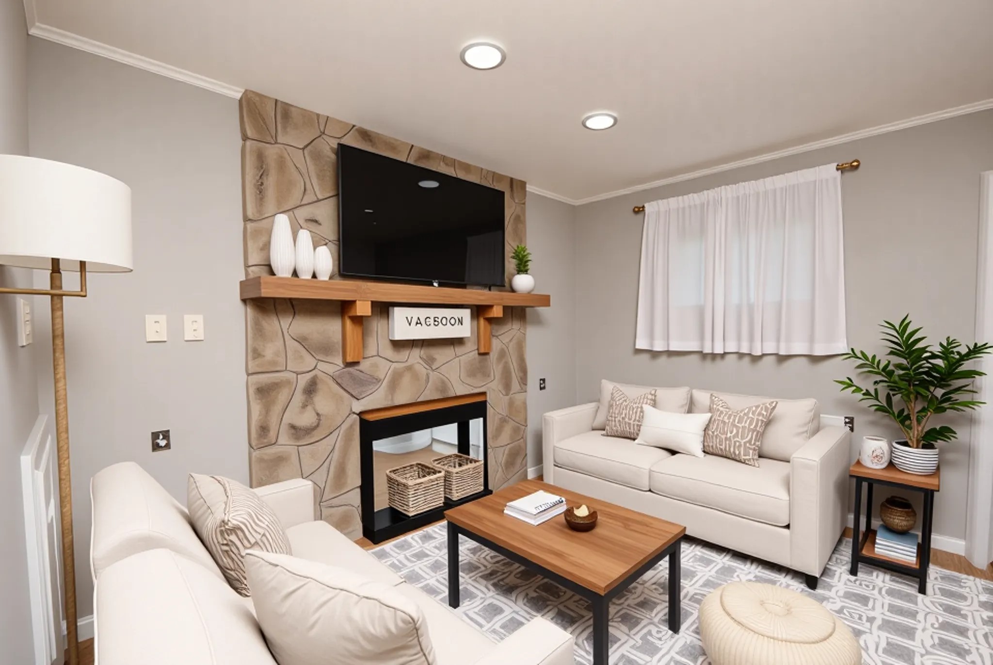 59 Paradise Loop Point Blank, TX 77364 - Photo 33 of 33 a living room with furniture a flat screen tv and a fireplace