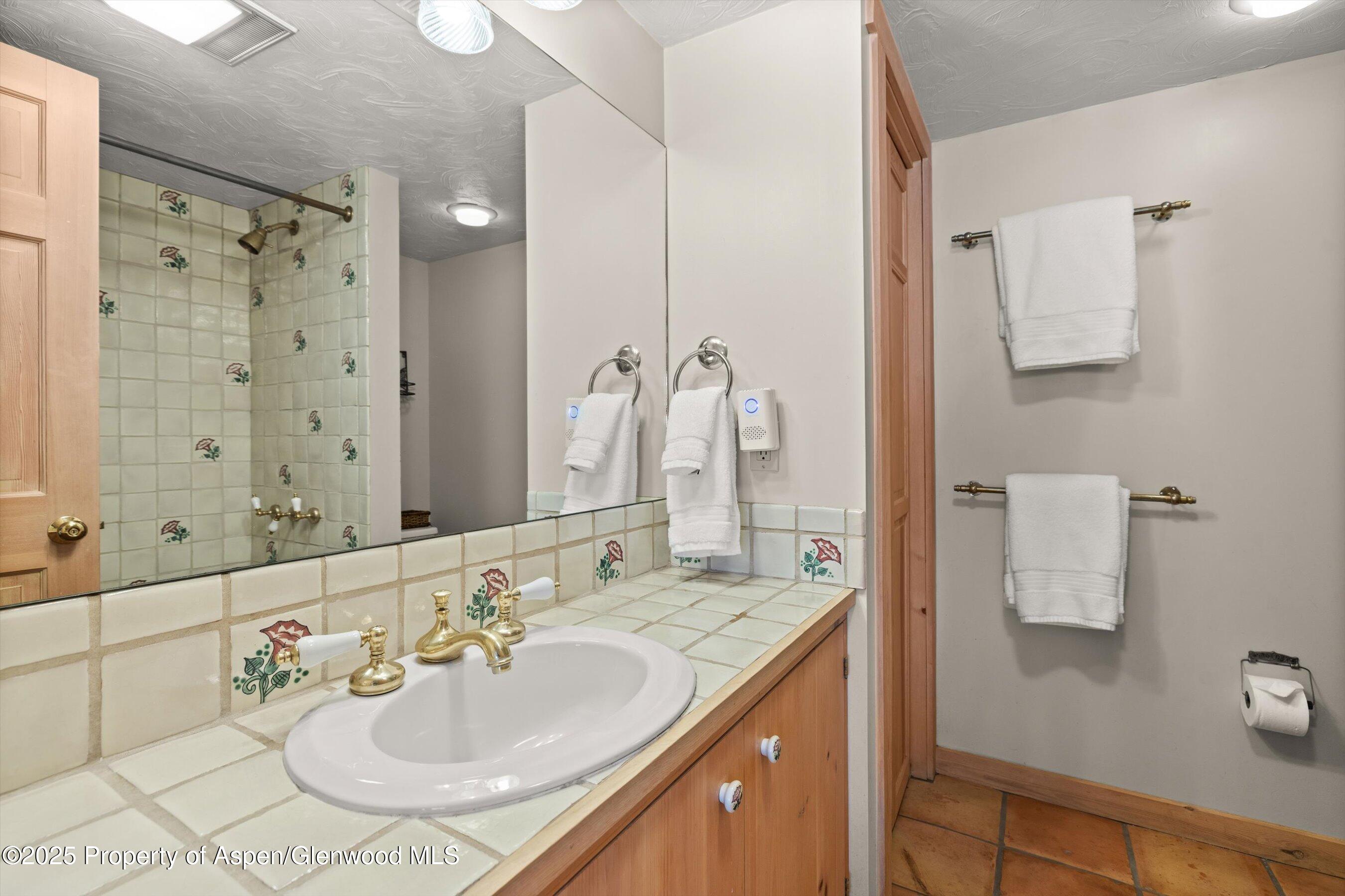 818 Faraway Road Snowmass Village, CO 81615 - Photo 18 of 24 a bathroom with a granite countertop sink a mirror and shower
