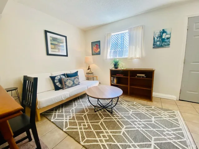 a living room with a furniture a rug and a window