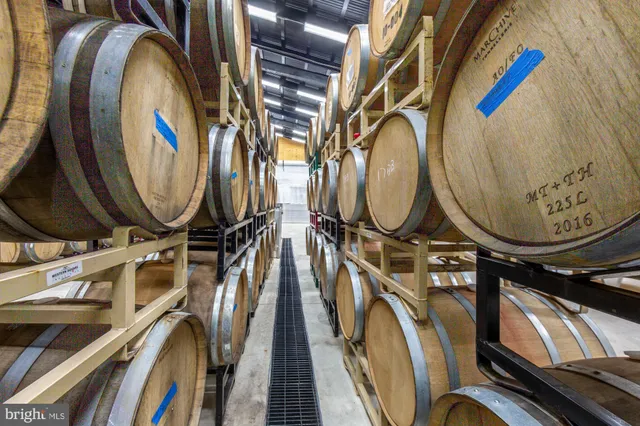 an empty room with windows fireplace and a kitchen view