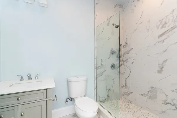 a bathroom with a toilet sink vanity and shower