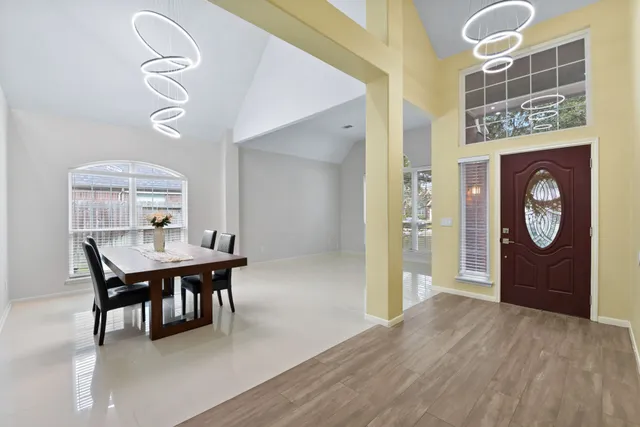 a view of a dining room with furniture