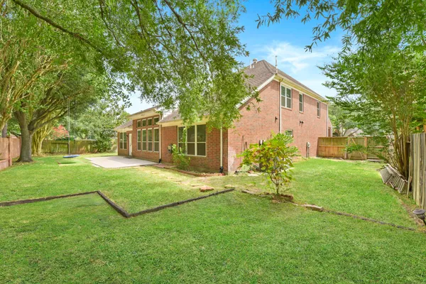 a backyard of a house with plants and large tree