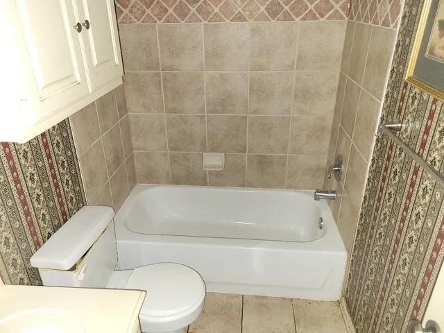 a bathroom with a toilet and bathtub