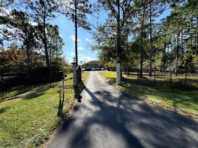 a view of a park with large trees